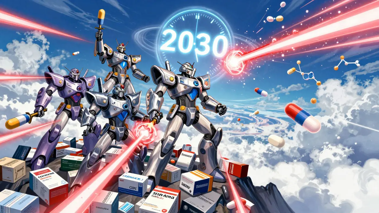 Armored pharmaceutical warriors atop patent expirations, launching energy capsules toward a 2030 clock.