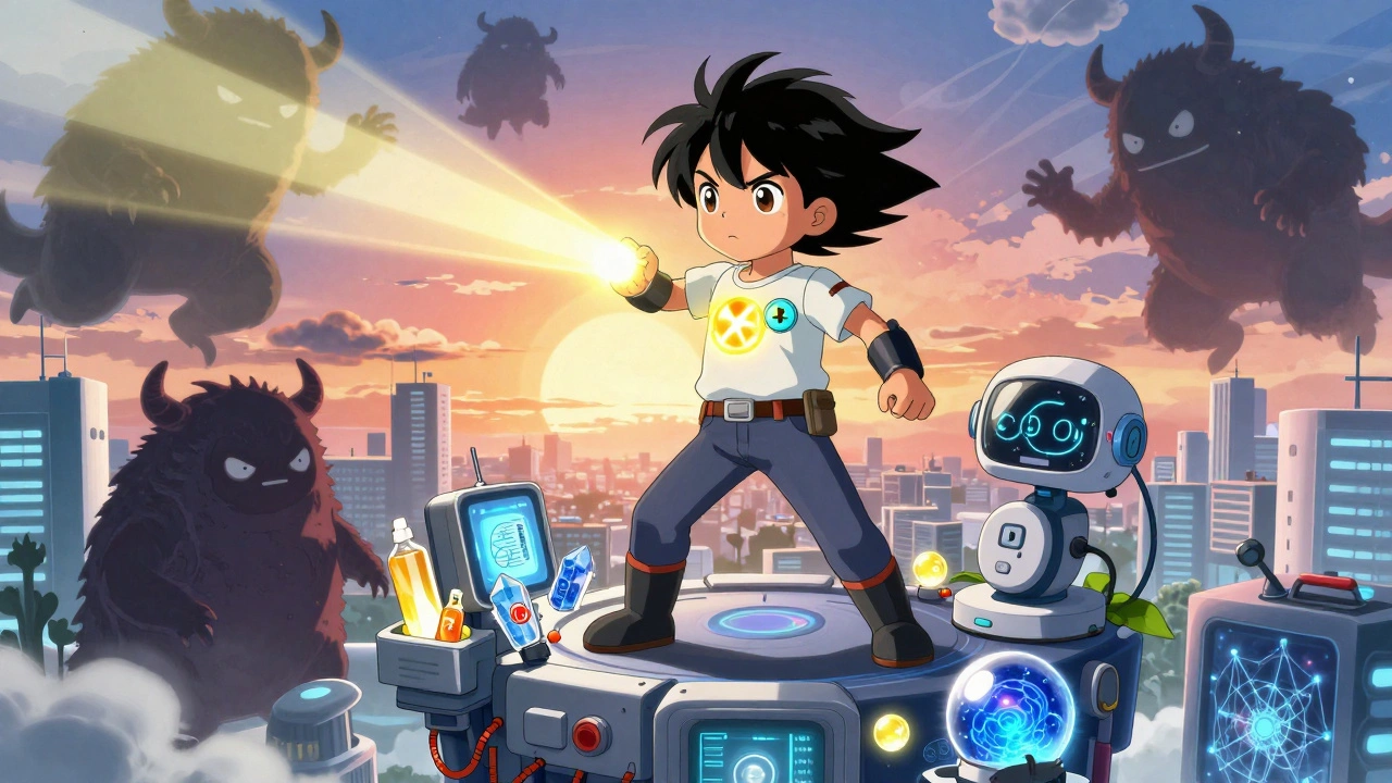 Child hero defeating seizure triggers with medical technology in anime epic style