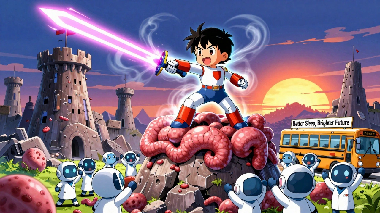 Child standing on destroyed tonsil fortress, glowing with healing energy as robot doctors cheer.