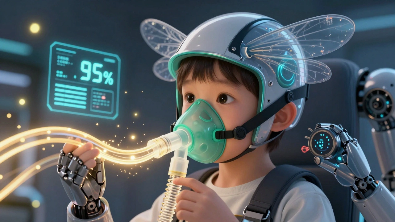 Child wearing dragonfly-shaped CPAP mask with golden air flow and floating success data.