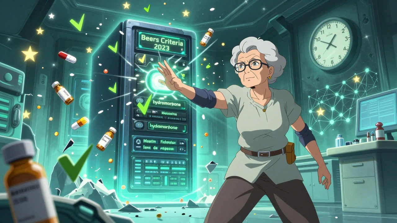 Elderly woman deactivating dangerous drug server, safe alternatives glowing as vials shatter.