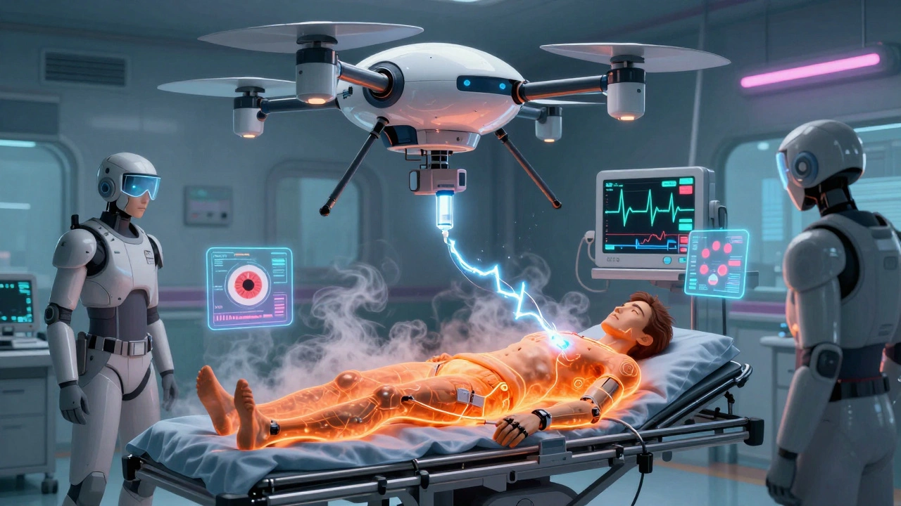 ER scene with robotic drone administering IV drip, patient on gurney, EKG showing widened QRS complex.
