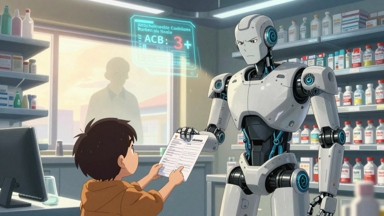 Family member giving medication list to robotic pharmacist, holographic risk scale glowing red.