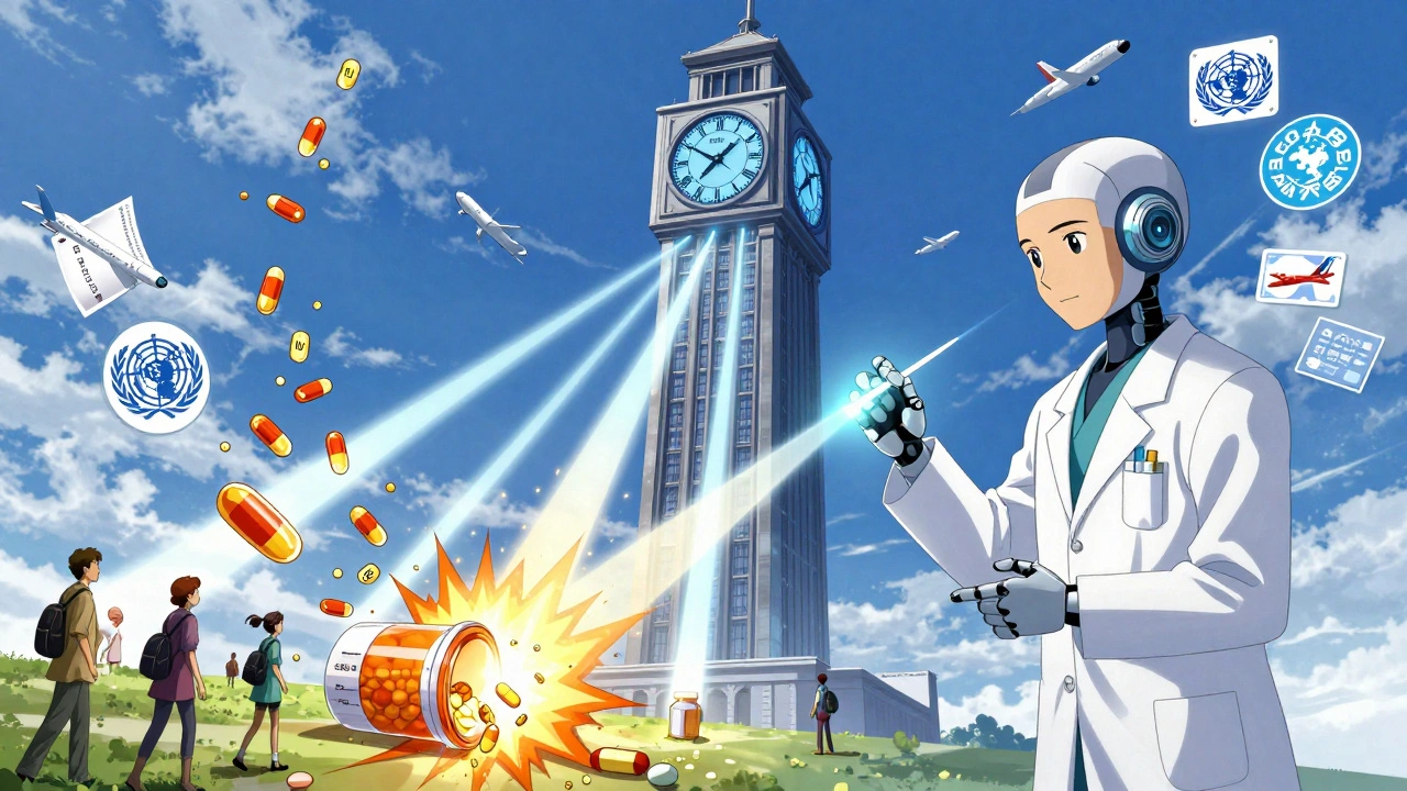 Giant digital clock tower connects global time zones to glowing prescription bottles with dosage symbols.