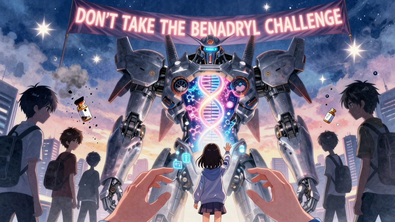 Giant poison control center tower with girl reaching toward it, teens behind crumbling pill bottles.