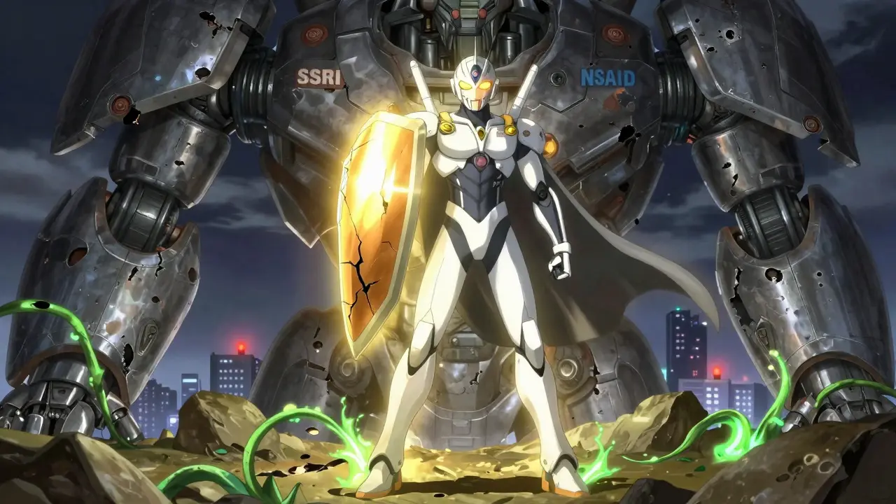 Hero in PPI exosuit blocking SSRI and NSAID war machines with golden shield, healing vines growing on cracked stomach landscape.