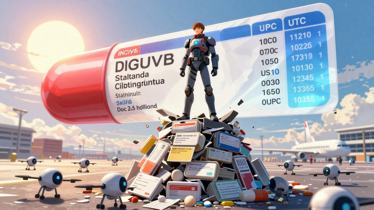 Heroic traveler with dynamic AR prescription banner, robot drones delivering emergency med info worldwide.