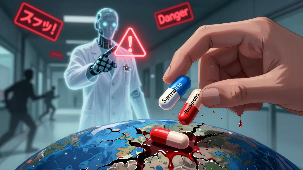 Human hand holding SSRI and NSAID pills above bleeding earth, ghostly doctor pointing at ulcer warning symbol in anime style.