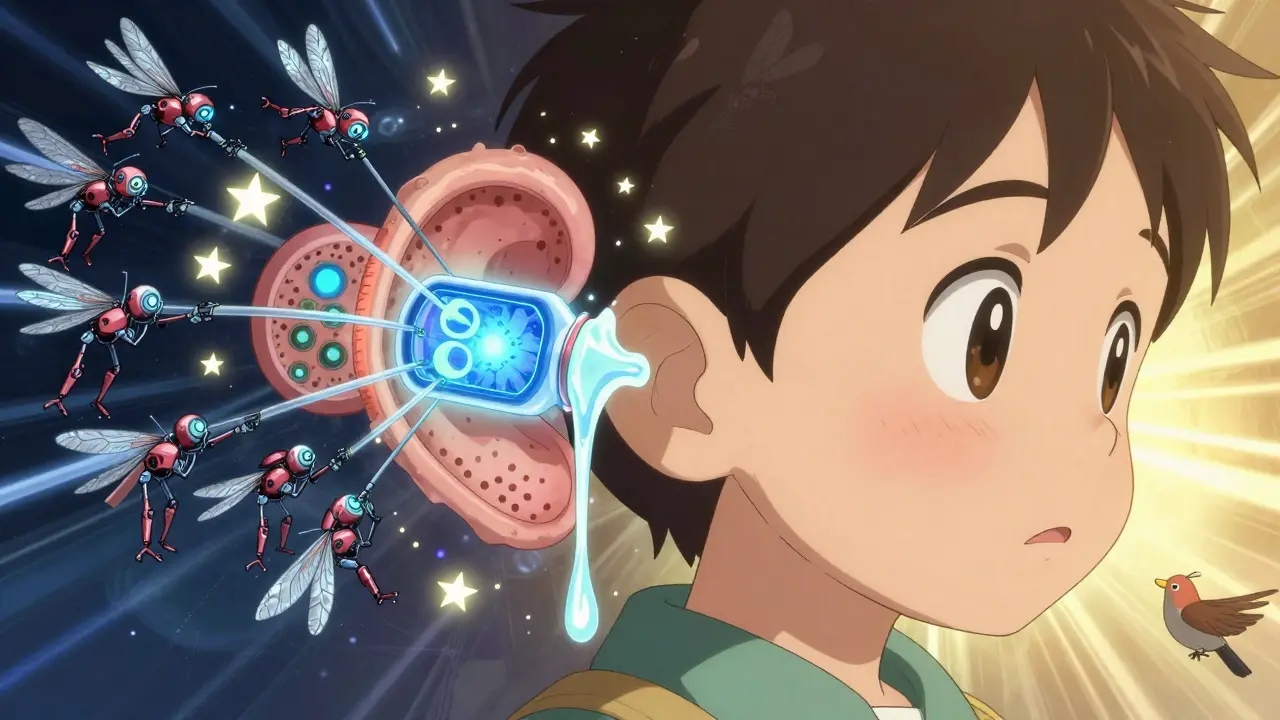 Micro-robots clearing fluid from child's ear as bio-graft repairs eardrum with glowing light