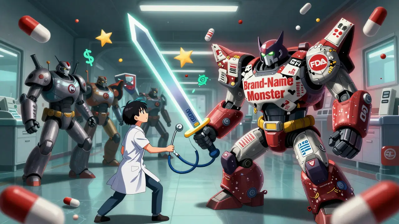 Patient battles a price-tag monster with a sword made of FDA seal, generic pills forming a protective shield.