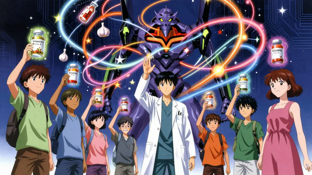 Patients hold glowing supplements as their energy intertwines dangerously with prescription drug networks.