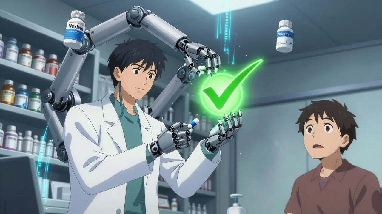 Pharmacist swaps brand and generic medication with glowing checkmark, data streams flowing between pills.