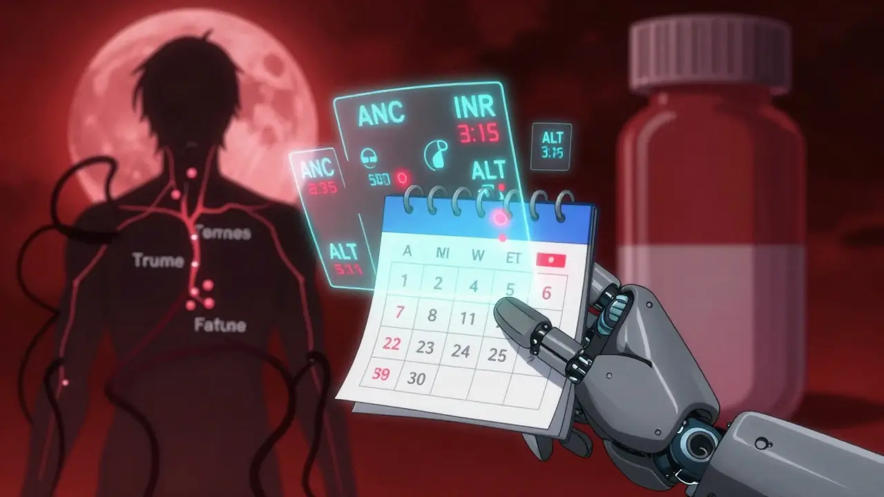 Robotic hand holding a holographic calendar with warning signs for blood test values.