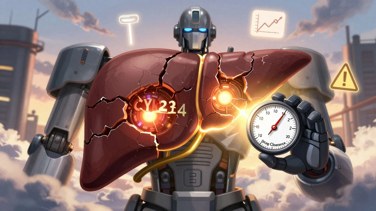 Robotic liver with countdown timer and resetting dial, symbols of hope glowing beneath.