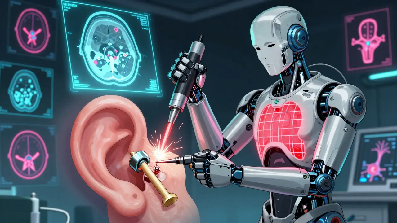 Robotic surgeon using laser to insert piston prosthesis in middle ear with holographic overlay