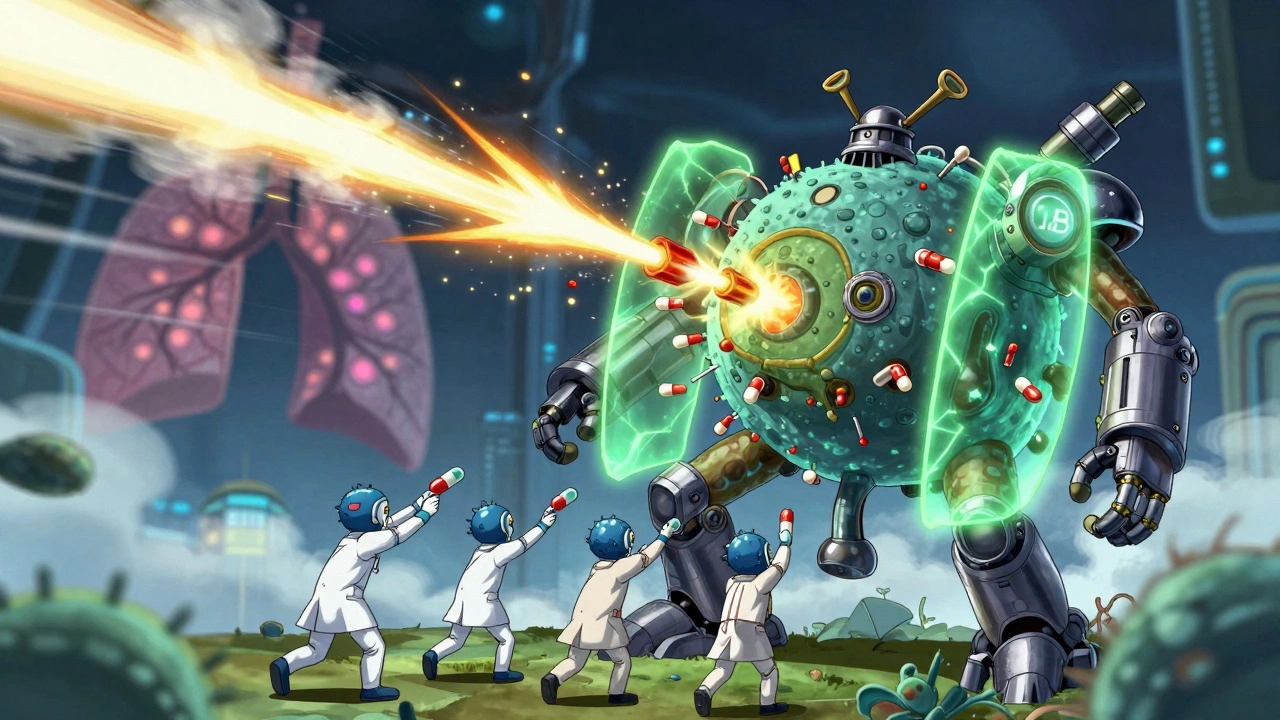 TB bacterium with mechanical pumps spitting out rifampin missiles, doctors fighting back.