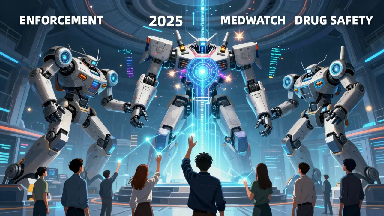 Three robotic arms merge into one unified machine in a futuristic FDA command hub.