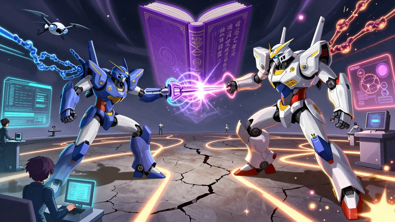 Two robotic biosimilars duel in a high-tech arena while a floating Purple Book observes, with data streams and AI drones monitoring the battle.