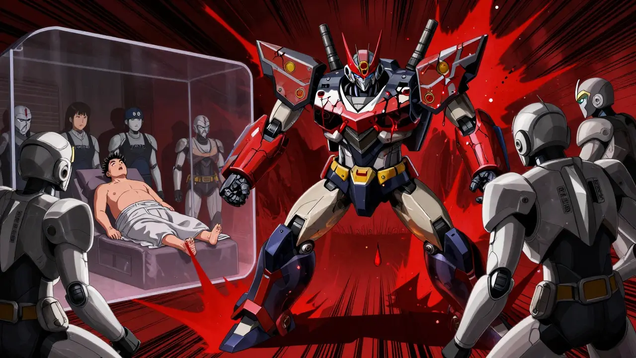 A blood-red robot labeled Dabigatran is being shut down by DOAC guardians while a patient watches safely.