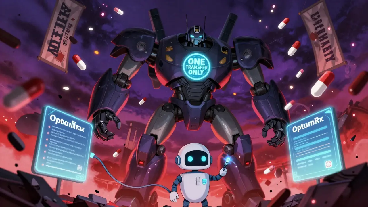 A DEA robot enforces the one-transfer rule while a smaller robot securely links pharmacies.