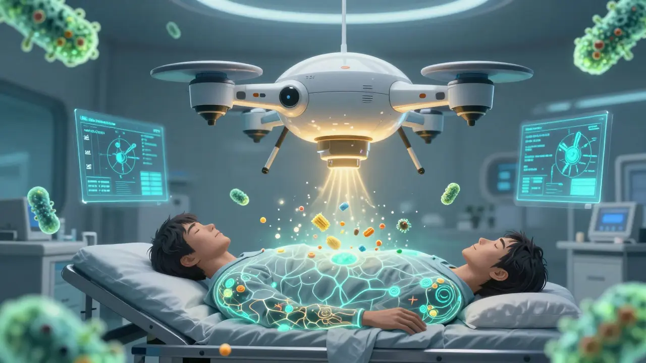 A drone emitting nerve-stimulating light above a patient, surrounded by glowing probiotics and dissolving food symbols.