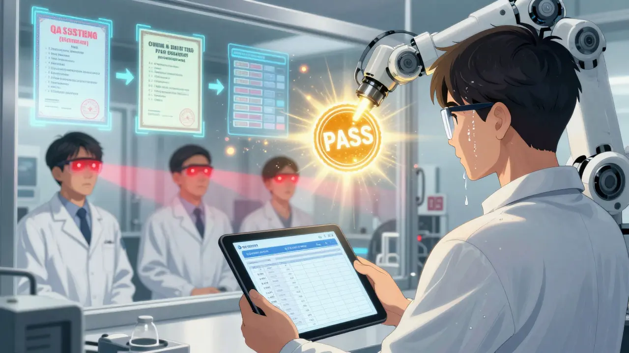 A factory worker holds real-time quality data as FDA scanning beams reveal hidden violations in a sterile cleanroom.