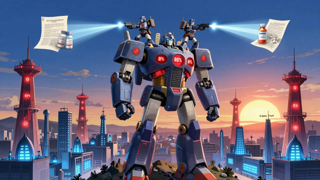 A giant mechanical supply chain fortress glows with red warnings, while FDA guardians restore trust with beams of truth.