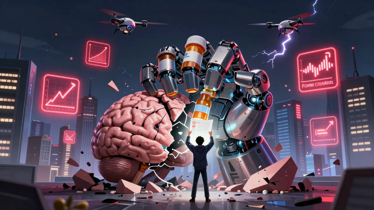 A giant robotic hand made of pill bottles crushing a brain, while a figure holds a safety plan as AI drones monitor them in a pharmaceutical cityscape.