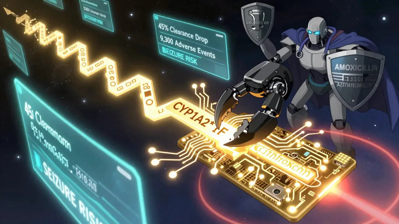 A glowing genetic circuit with CYP1A2*1F under attack by a robotic claw, surrounded by data streams of drug interaction risks.