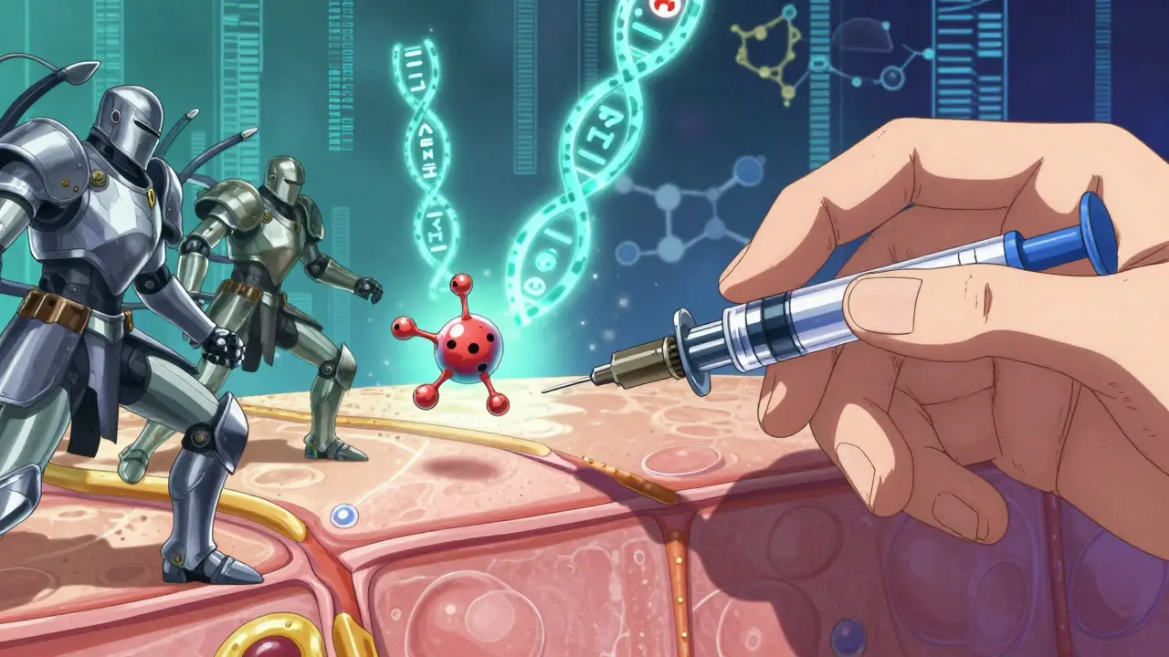 A hand receiving an injection, revealing a battle between immune knights and a fragile molecular target.