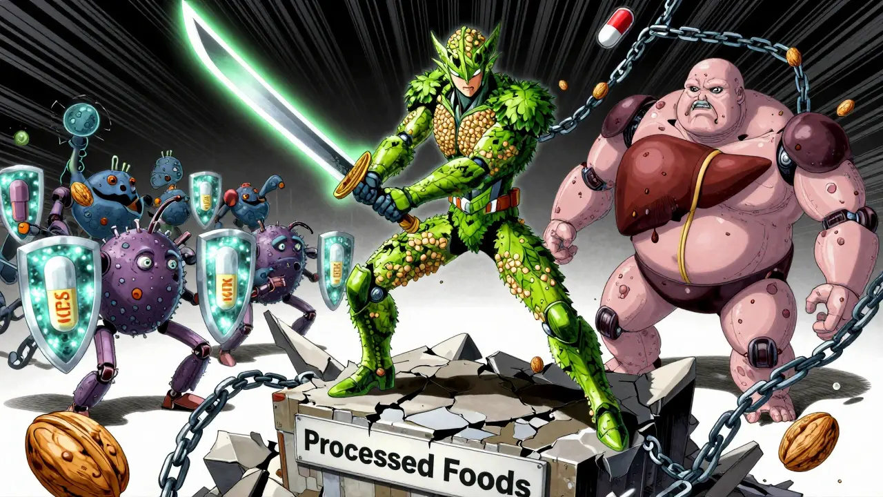A hero in a food-powered exosuit destroying toxic bacteria with a walnut-and-probiotic sword.