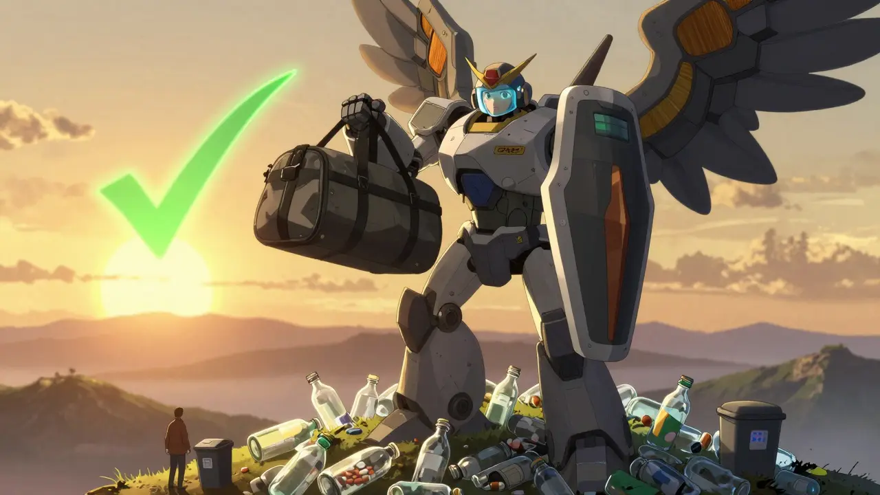 A hero robot holds a UV-safe travel bag as discarded bottles crumble beneath a rising amber sunrise.