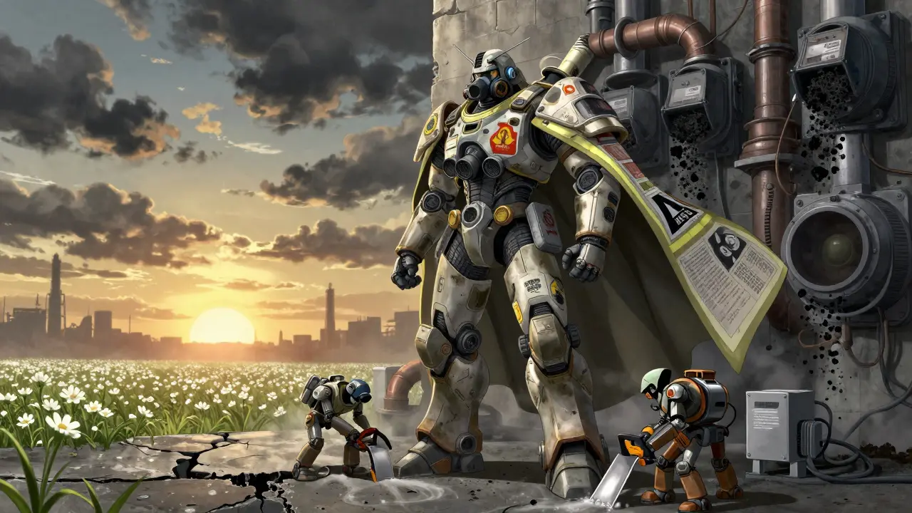 A heroic figure made of safety equipment fights asbestos clouds, repairing ventilation systems as flowers grow from concrete.