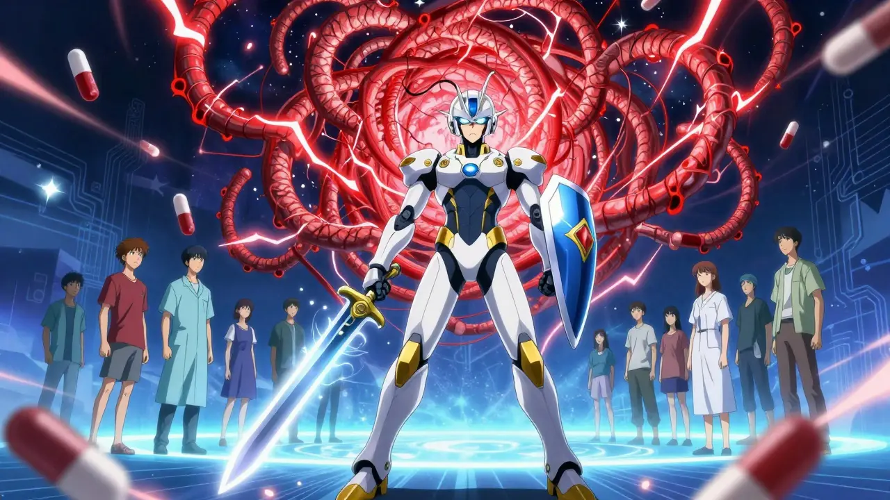 A heroic robot surgeon wielding palonosetron and olanzapine weapons, defeating dangerous QT-prolonging drug monsters.