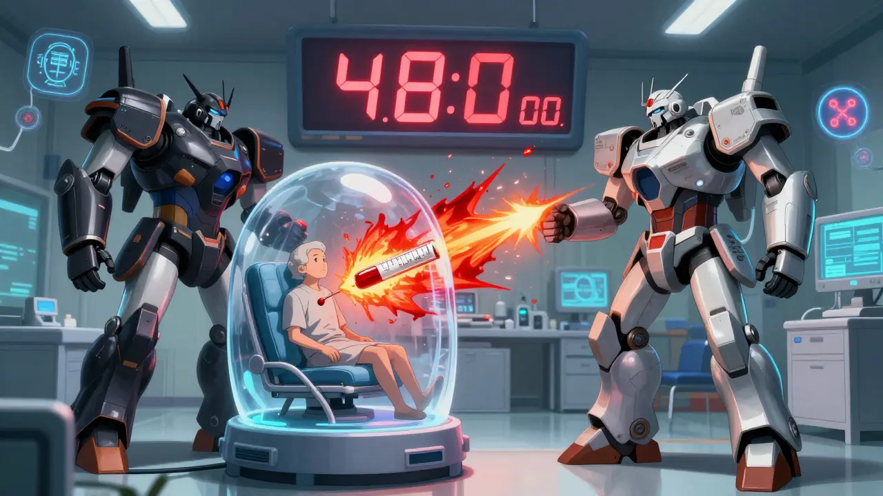 A hospital emergency room turned into a mech battle, with Ciprofloxacin attacking a patient's life-support pod as theophylline levels spike.