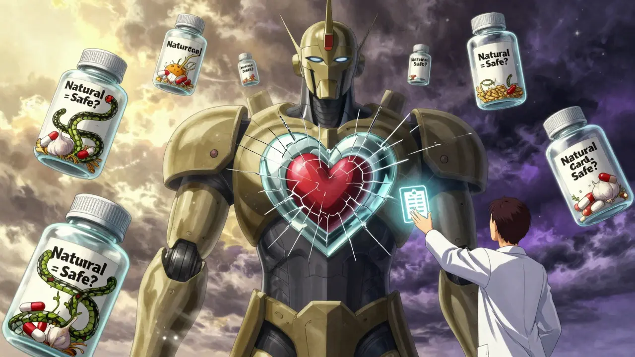 A human torso robot with a glass heart is surrounded by dangerous supplement bottles turning into serpents.