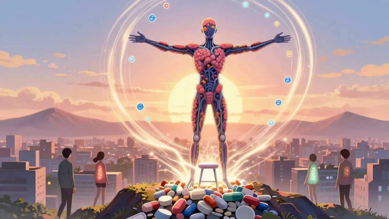 A humanoid figure made of microbes and nerves, rising above discarded meds as personalized biomarkers spiral upward.