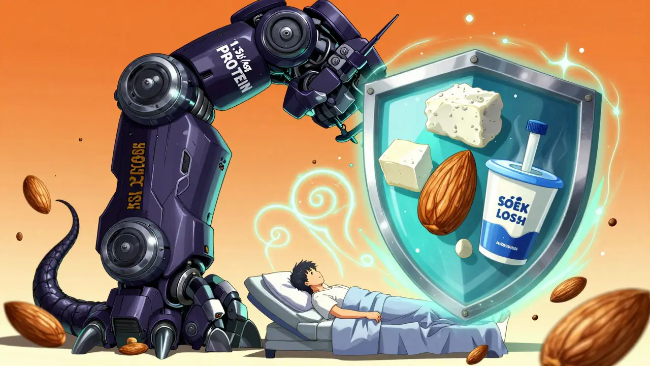 A massive mechanical arm crushes muscle loss under its boot while healthy foods form a protective shield.