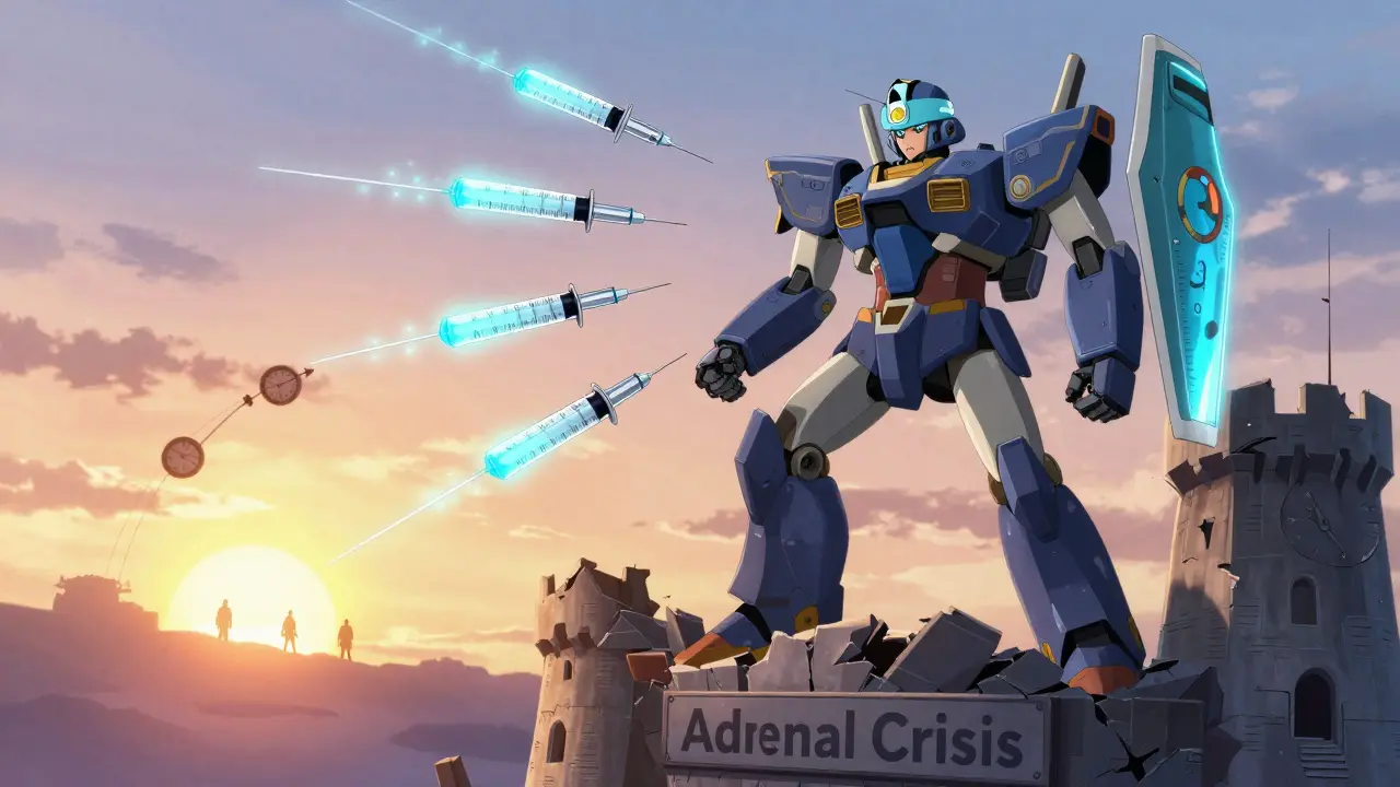 A medical alert helmeted mech fires vaccine shields while dismantling an adrenal crisis fortress.