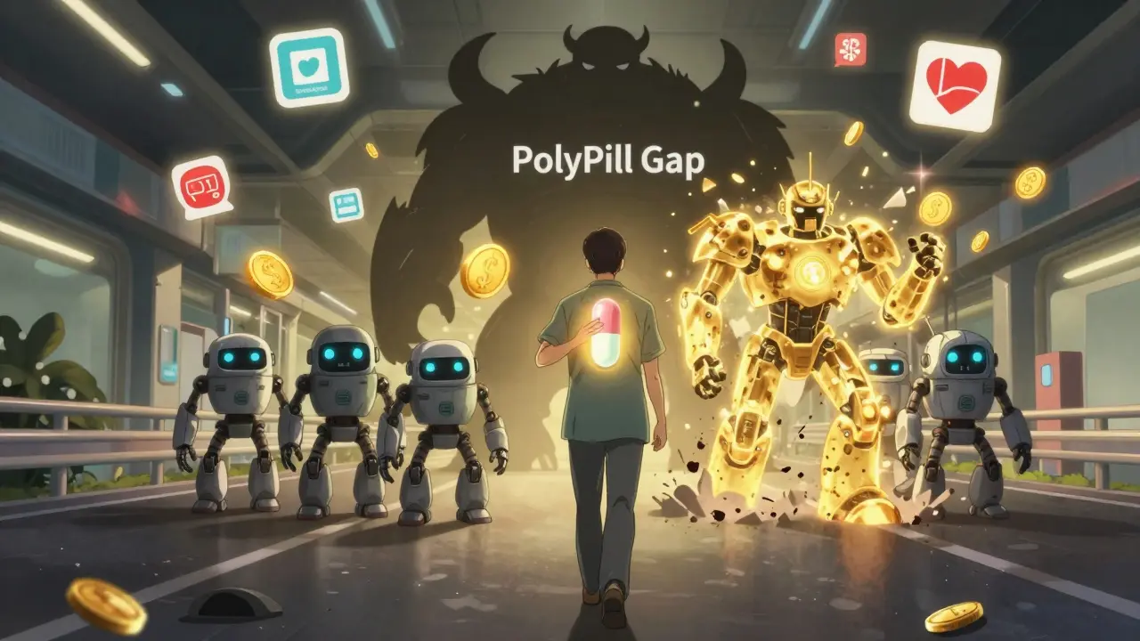 A patient walks past crumbling medication robots as they merge into one unified warrior under a golden pill.