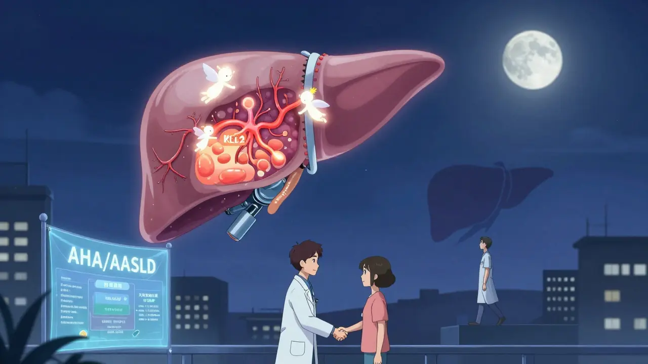 A peaceful liver robot healing a city at night, with heart and liver symbols intertwined in shadow.