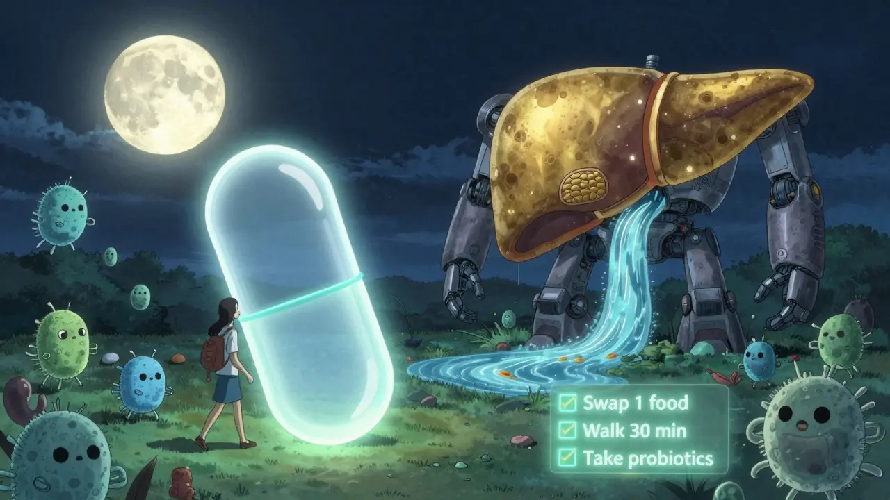 A person walking under a probiotic-shaped moon, surrounded by friendly gut bacteria and a healing liver.