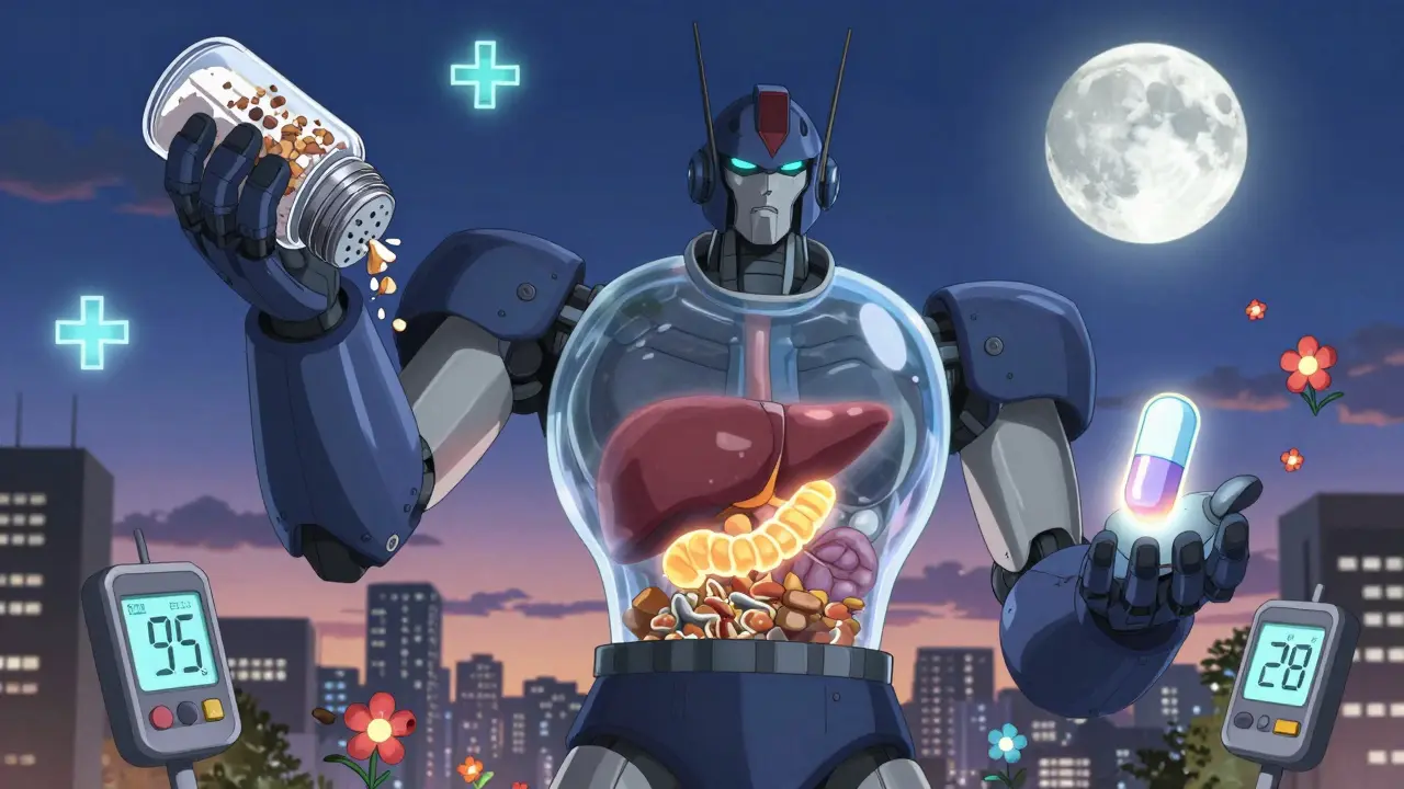A robot with transparent organs fights salt and sugar with glowing melatonin and blood sugar flowers.