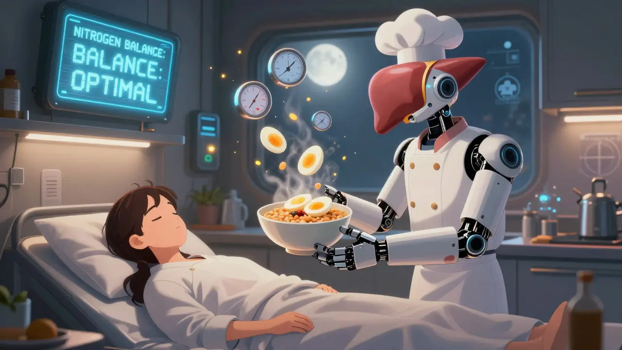A robotic chef prepares a bedtime protein snack as nutritional gauges glow above a sleeping patient.