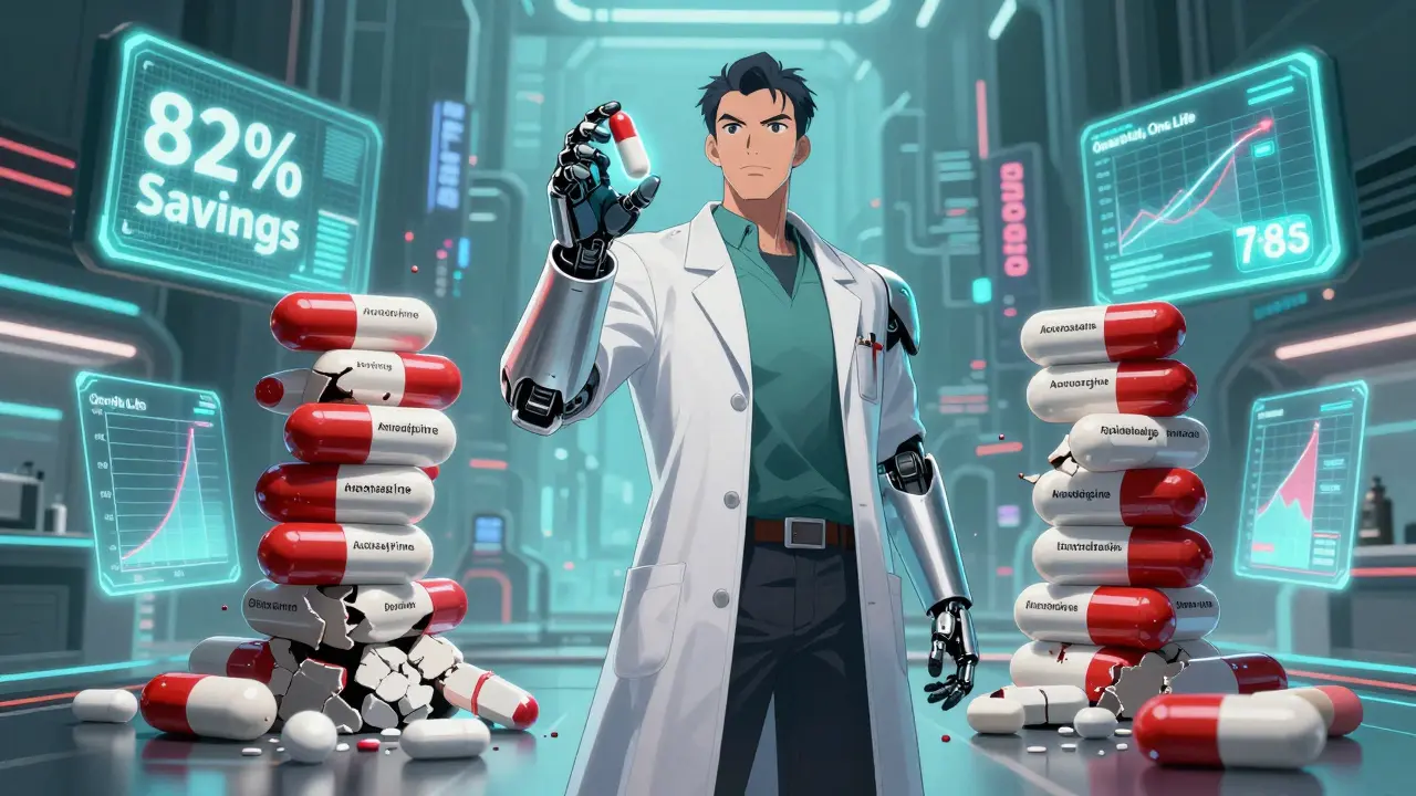 A robotic pharmacist holds a combination pill while separate pills crumble around holographic adherence charts.