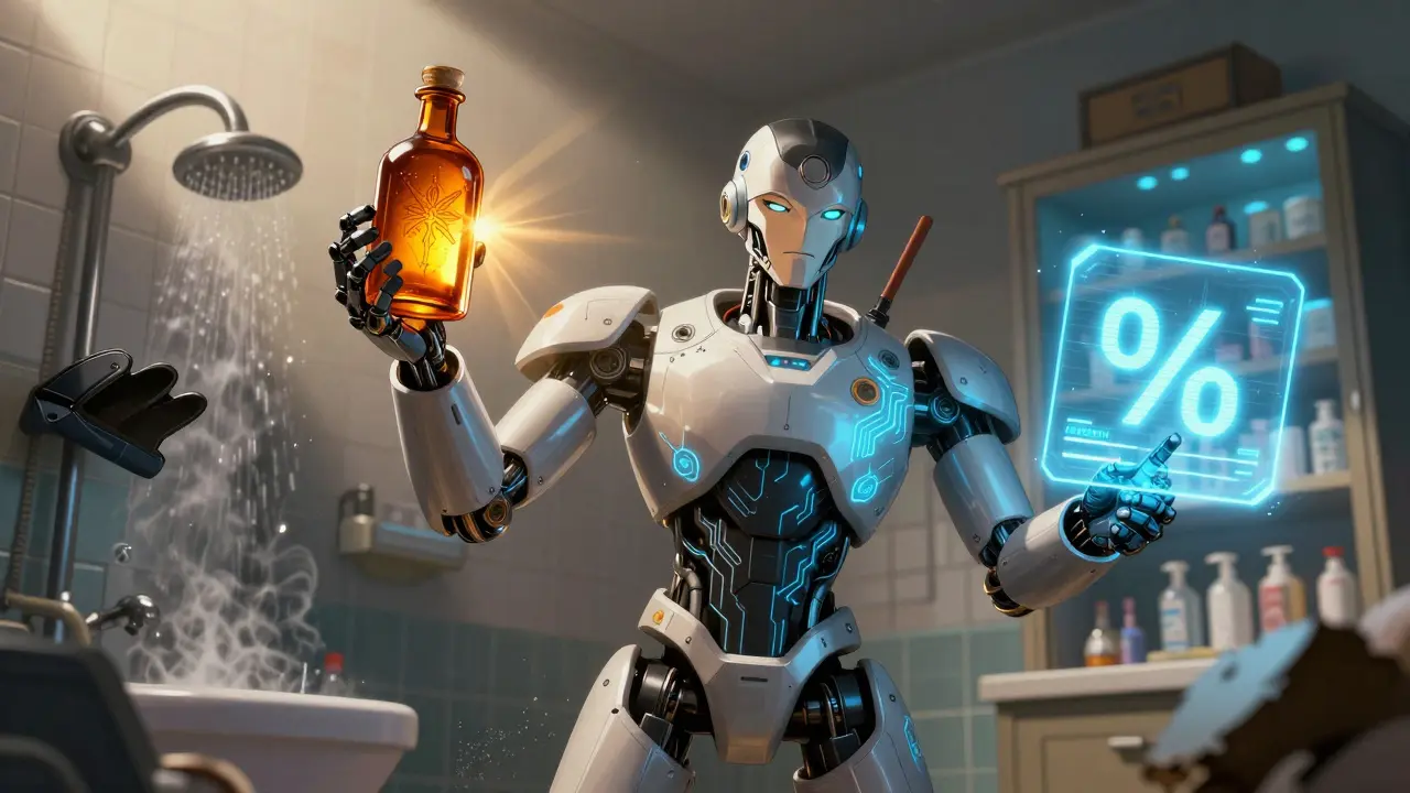 A robotic pharmacist shields an amber bottle from sunlight with holographic potency warnings.