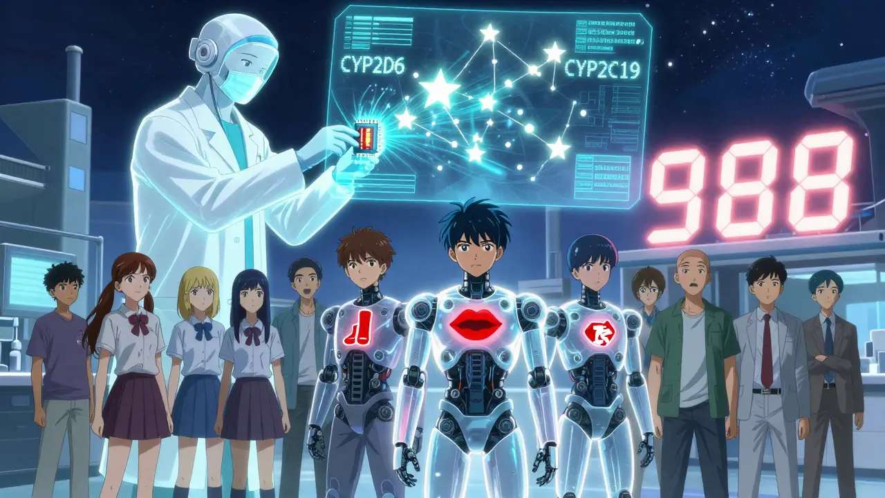 A scientist inserting a genetic chip into a neural interface, projecting enzyme constellations as young people transform into robot shells with warning symbols.