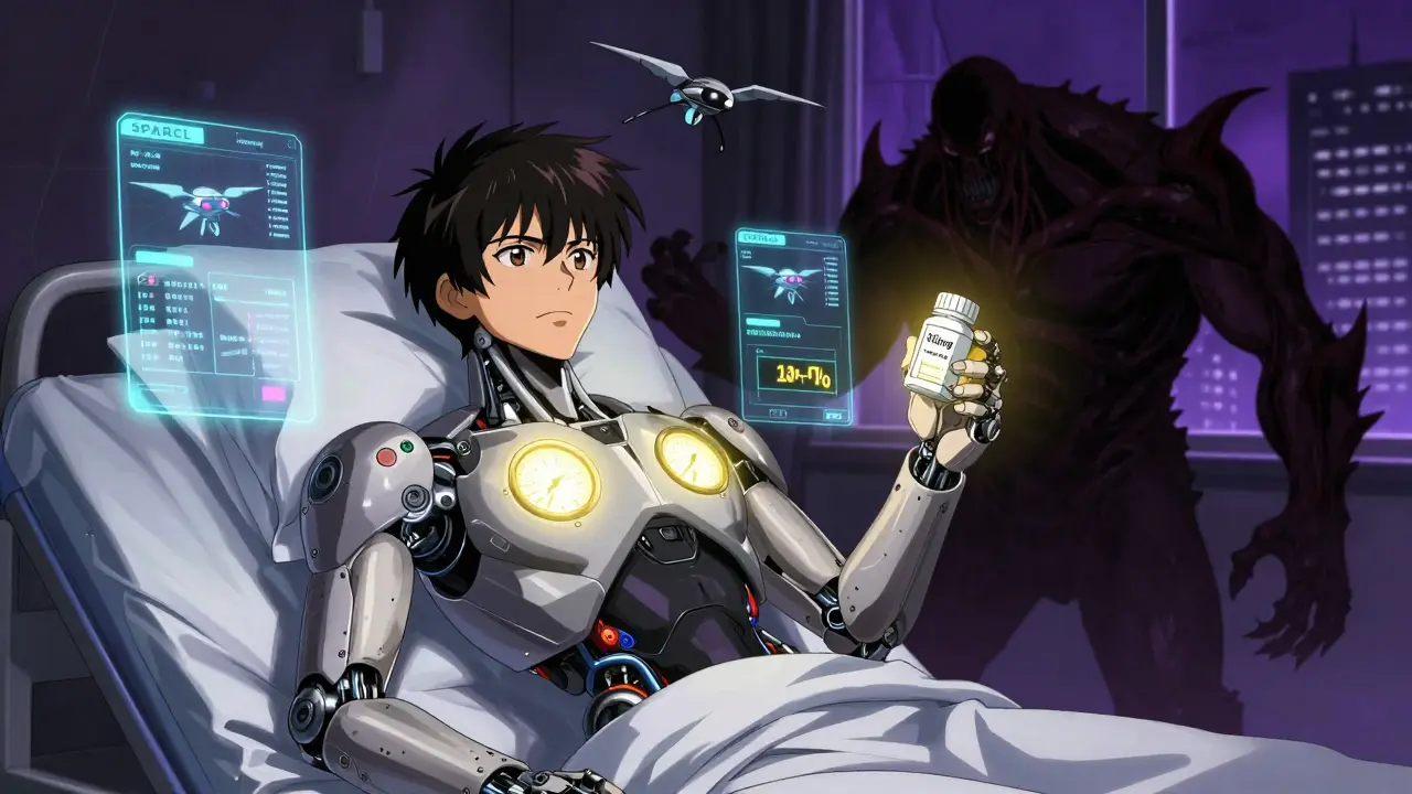 A stroke survivor with robotic exoskeleton holds a statin pill, defending against a hemorrhagic monster with holographic medical data.