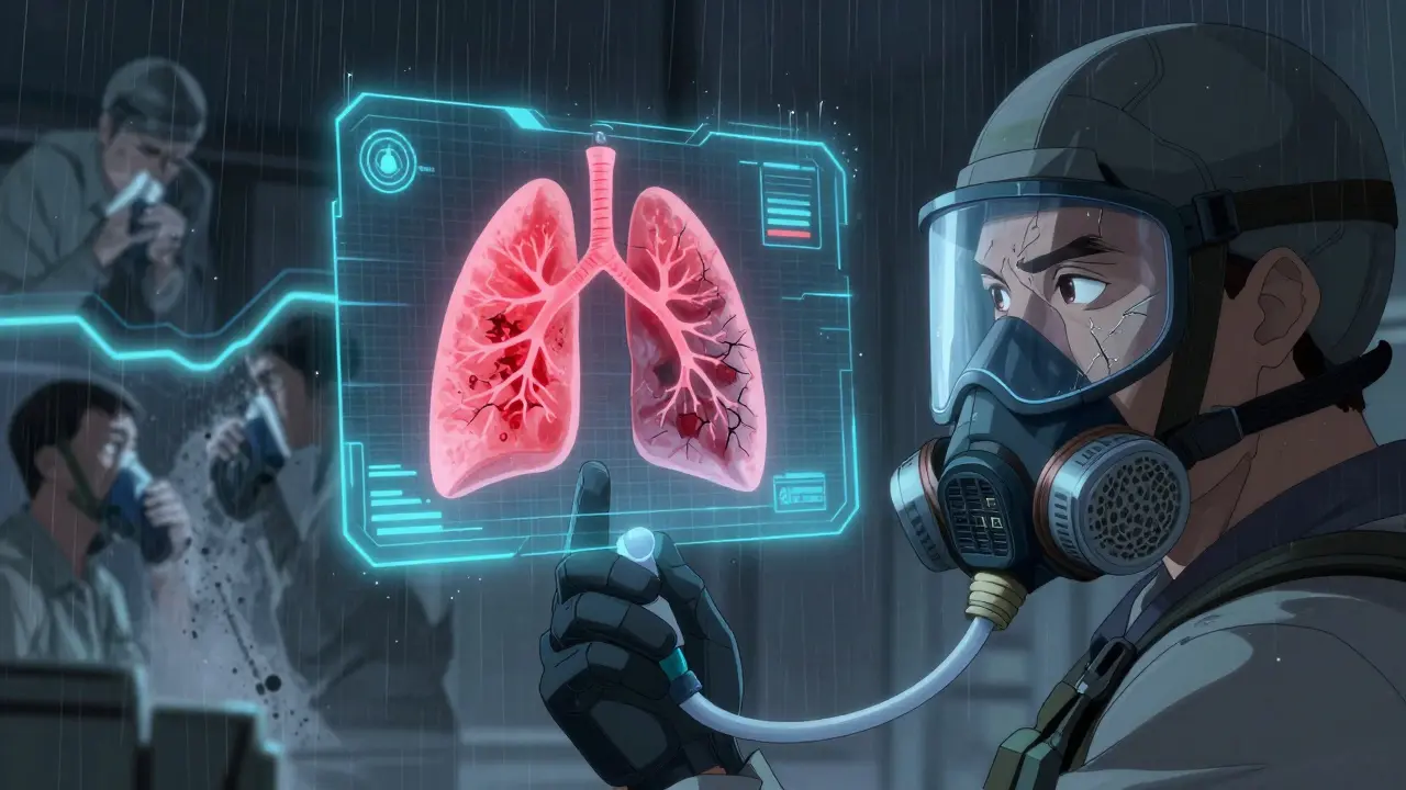 A worker holds a spirometry tube as a holographic lung shows healthy vs. scarred tissue, with ghostly figures fading into dust.