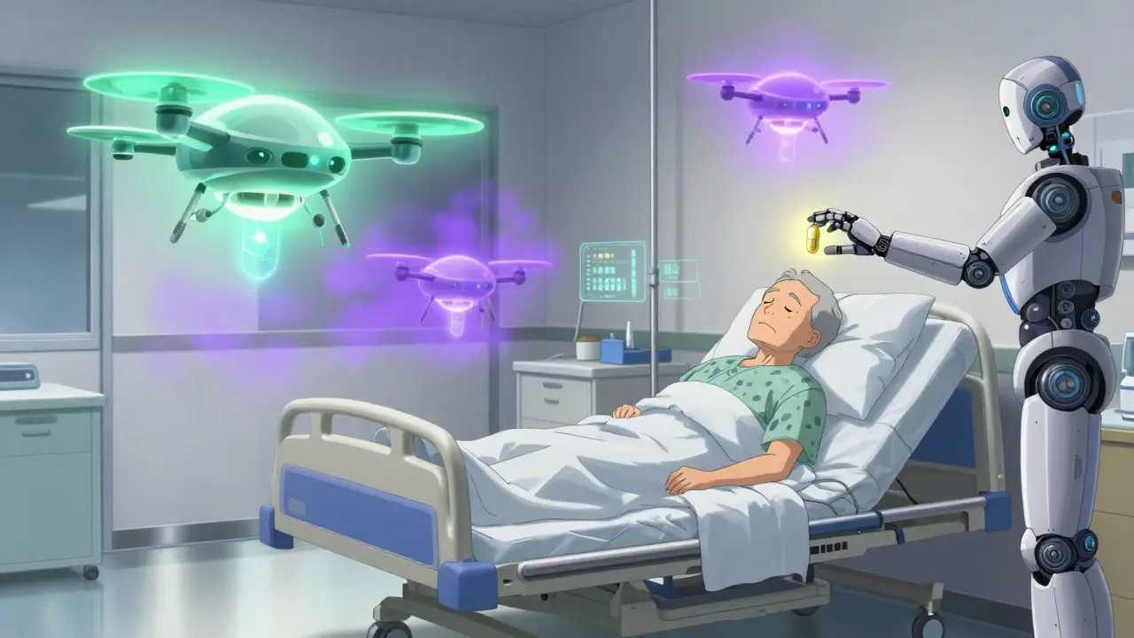 An elderly patient in a hospital bed with glowing antiemetic drones, one emitting calm green light and another heavy purple fog.